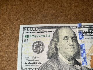 $100 One Hundred Dollar Bill.  Fancy Serial Repeater And Binary Mb47474747a 2014