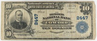 1902 Large $10 Ten Dollar Note Mechanics National Bank,  Concord,  Hampshire