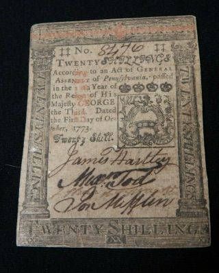 1773 Pennsylvania 20 Shilling Colonial Currency -