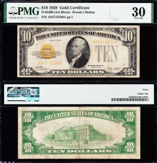 Awesome Crisp Choice Vf,  1928 $10 Gold Certificate Pmg 30 15239a