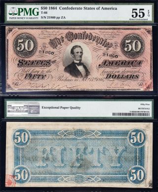 1864 T - 66 $50 Csa Confederate Note Pmg 55 Epq