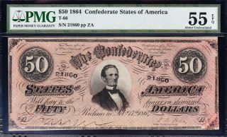 1864 T - 66 $50 CSA Confederate Note PMG 55 EPQ 2