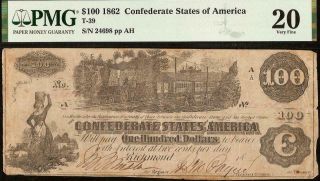 Undated $100 Confederate States Currency Civil War Note Money T - 39 Pmg Error