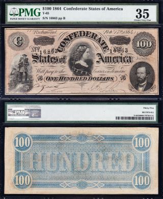 Awesome Crisp Choice Vf,  1864 T - 65 $100 Csa Confederate Note Pmg 35
