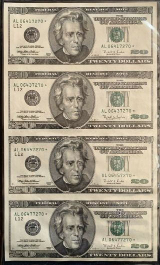 World Reserve Monetary Exch.  Uncut Sheet (4) 1996 $20 Star Note Bills Al06417270
