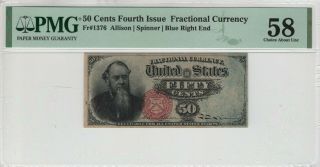 50 Cent Fourth Issue Postal Fractional Currency Fr.  1376 Stanton Pmg Choice Au 58