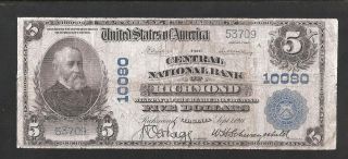 Rare 1902 Central National Bank Of Richmond $5 Charter 10080,  Strong Signatures