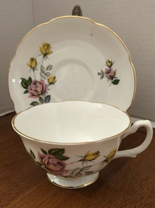 Vintage Royal Grafton Bone China Tea Cup And Saucer Yellow Pink Roses England