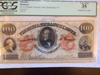 1862 $100 Virginia Treasury Note Richmond,  Va