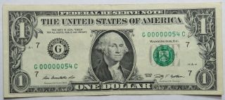 (two Digit) $1 2009 G0000054c Ultra Low Serial Number One Dollar Currency