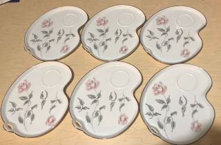 6 Vintage Noritake Porcelain Snack Trays Pink Roses Gray Leaves & Silver Trim