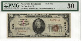 1929 $20.  00 Pmg 30 National Currency American National Bank Of Nashville.