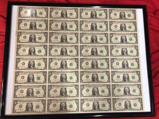 Uncut Sheet Of 32 - $1 One Dollar Bills - U.  S.  Paper Currency Notes Series 1981