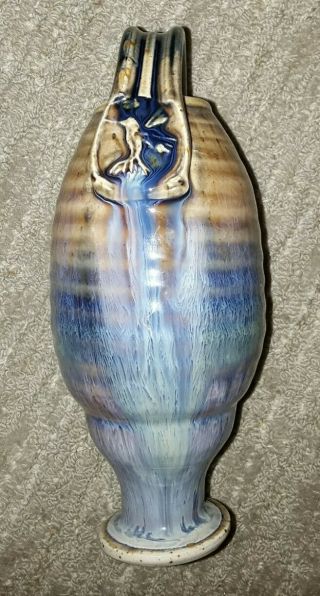Rk? Art Pottery Blue Purple Brown Lava Drip Glaze Signed Hummingbird Feeder Vase