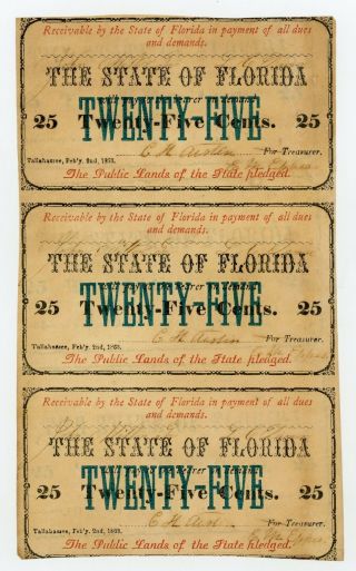 (uncut Strip Of 3) 1863 Cr.  26 25c The State Of Florida Notes - Civil War Era Unc