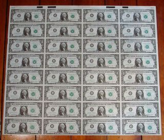 1981 $1 One Dollar Bill U.  S Paper Currency Notes Uncut Sheet Of 32 Boston,  Ma