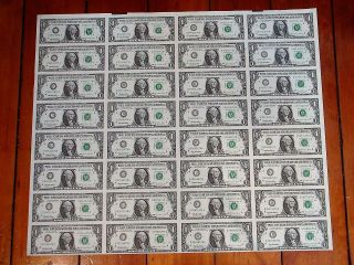 1981 $1 Dollar Bill U.  S Paper Currency Notes Uncut Sheet Of 32 Cleveland,  Oh