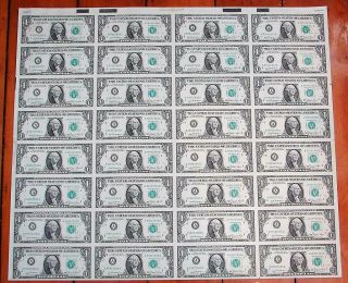 1981 $1 Dollar Bill U.  S Paper Currency Notes Uncut Sheet Of 32 Boston,  Ma.