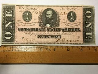 1864 Confederate States Of America One Dollar Bank Note Exc Richmond