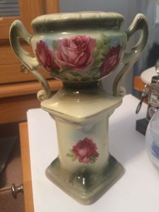 Austria Hand Painted Porcelain Urn Vase On Pedestal Floral Jardinier Vtg