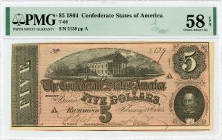 1864 T - 69 $5 The Confederate States Of America Note - Civil War Era Pmg 58 Epq