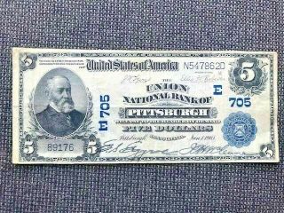 1902 $5 National Currency Union National Bank Of Pittsburgh Large Note Chrt E705