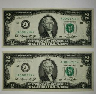 Very Low 4 Digit Serial 1976 $2 Dollar Star Notes Kansas J Uncirculated Pair Wow
