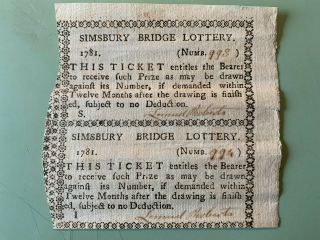 1781 Uncut Pair - Simsbury Bridge Lottery Tickets