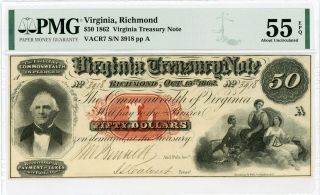 1862 Cr.  7 $50 Virginia Treasury Note - Civil War Era Pmg Au 55 Epq