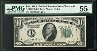 1928a $10 Frn Federal Reserve Note Cleveland Fr.  2001 - D Pmg About Unc.  55