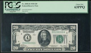1928 $20 Frn Federal Reserve Note Cleveland Fr.  2050 - D Pcgs Choice 63ppq