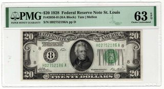 1928 $20 St.  Louis Federal Reserve Note.  Fr 2050 - H.  Pmg Chcu - 63 Epq Y00007696