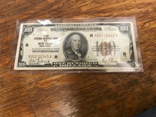 1929 $100 Federal Reserve Bank Of York National Currency Note B00275345a