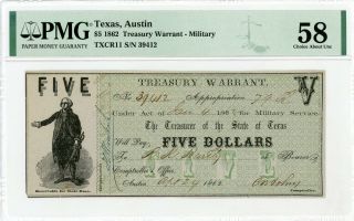 1862 Cr.  11 $5 Texas Treasury Warrant - Civil War Era Pmg Ch.  Au 58