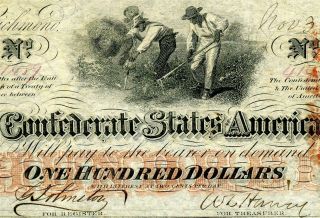 Hgr Sunday 1862 $100 Confederate (slaves/cotton) Appears Near Uncirculated