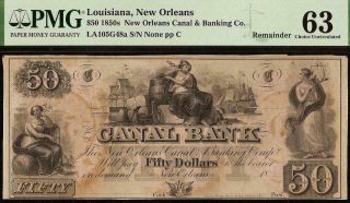 Unc 1850s $50 Dollar Bill Canal Bank Note Louisiana Large Paper Money Pmg 63