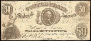 Large 1861 $50 Dollar Bill Confederate States Currency Civil War Note Money T - 8
