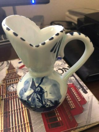 Delft Holland Blue & White Hand Painted 4” Pitcher Windmill & Flower Scene