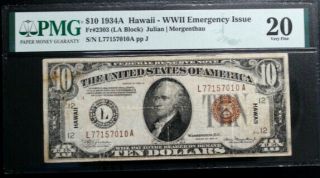 Fr 2303 1934 - A $10 Hawaii Wwii Emergency Note Lb Block Pmg 20 Very Fine Rust