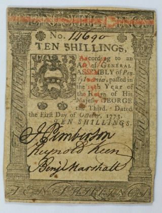 1773 Pennsylvania Ten Shillings Colonial Note 10s - Pa - 167