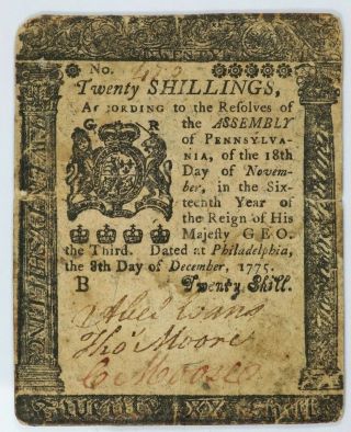 1775 Pennsylvania Twenty Shillings Colonial Note 20s - Pa - 194