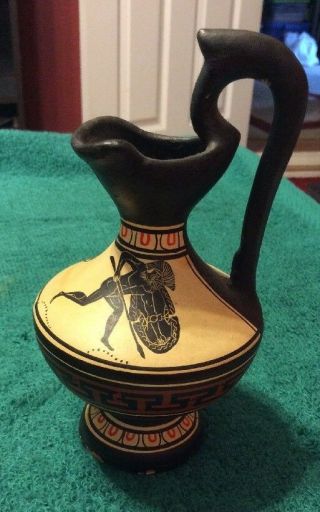Vintage Hand Made In Greece Ceramic Pottery Pitcher With Warrior And Shield