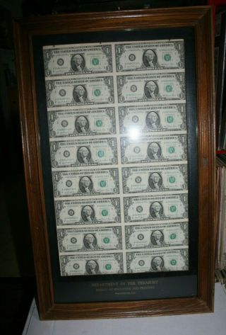 1981 Uncut Sheet 16 One $1 Dollar Bills Custom Frame B Series Us Currency
