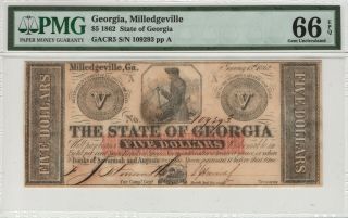1862 $5 State Of Georgia Milledgeville Obsolete Note Pmg Gem Unc 66 Epq (093)