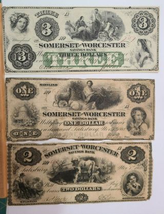 Somerset And Worcester Savings Bank Maryland 3 Notes - 1862: $1,  $2 & $3