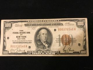 1929 $100 Federal Reserve Bank Of York National Currency Note B00376546a