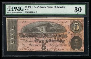Affordable Csa T - 69 1864 Confederate $5 Note Pmg 30 Very Fine Pp - H