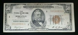 1929 $50 National Currency The Federal Reserve Bank Of Minneapolis