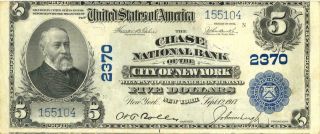 York Nyc $5 Dollars Chase National Bank Large Size National Currency 1902