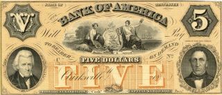 Tennessee Bank Of America $5 Dollars Obsolete Currency Banknote Ca 1850 Xf/au